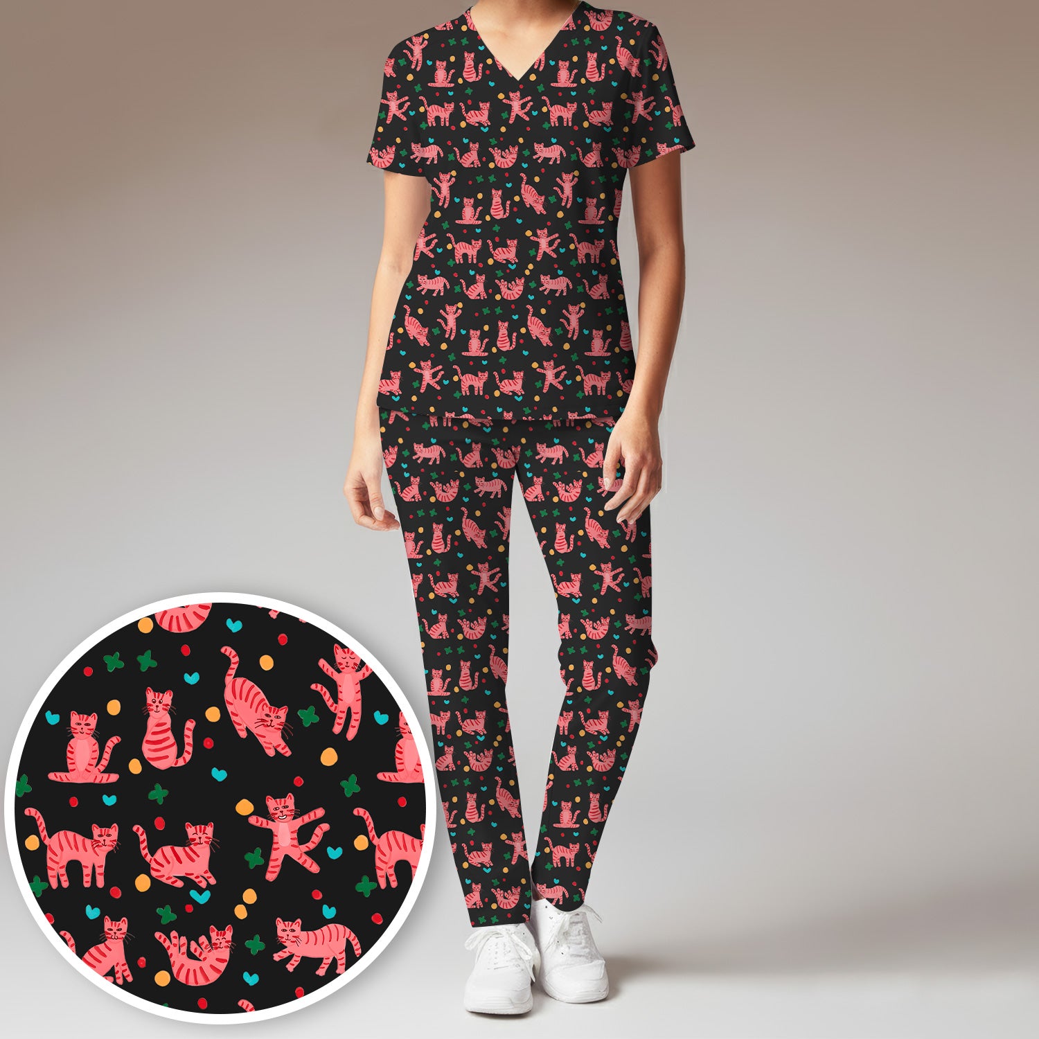 Cute Pink Cat Pattern Women's Scrub Sets, Scrub Pants and V Neck Top