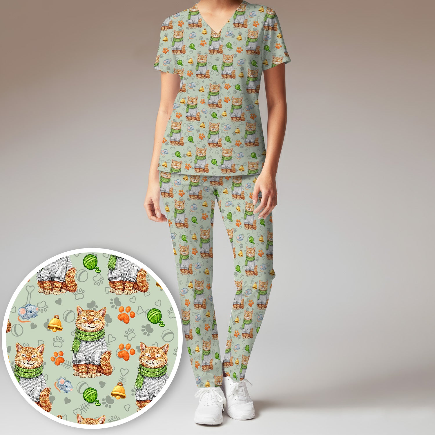 Adorable Cat Lover Nurse Scrub Set, Cute Cat Medical Pattern Shirt, Breathable Fabrics Nursing Uniform