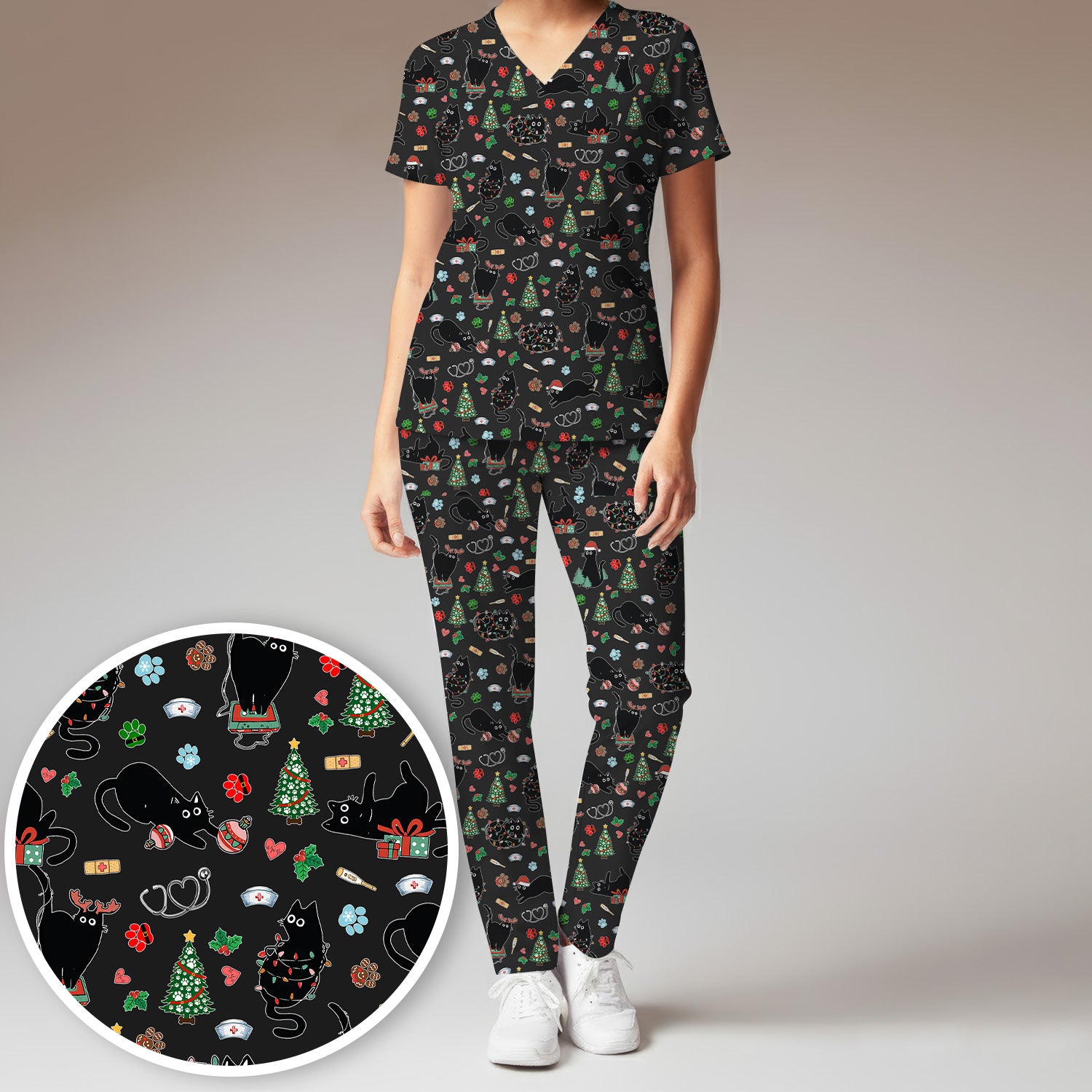 Black Cat Christmas Nurse Scrub Set, Festive Kitty Medical Uniform for Women