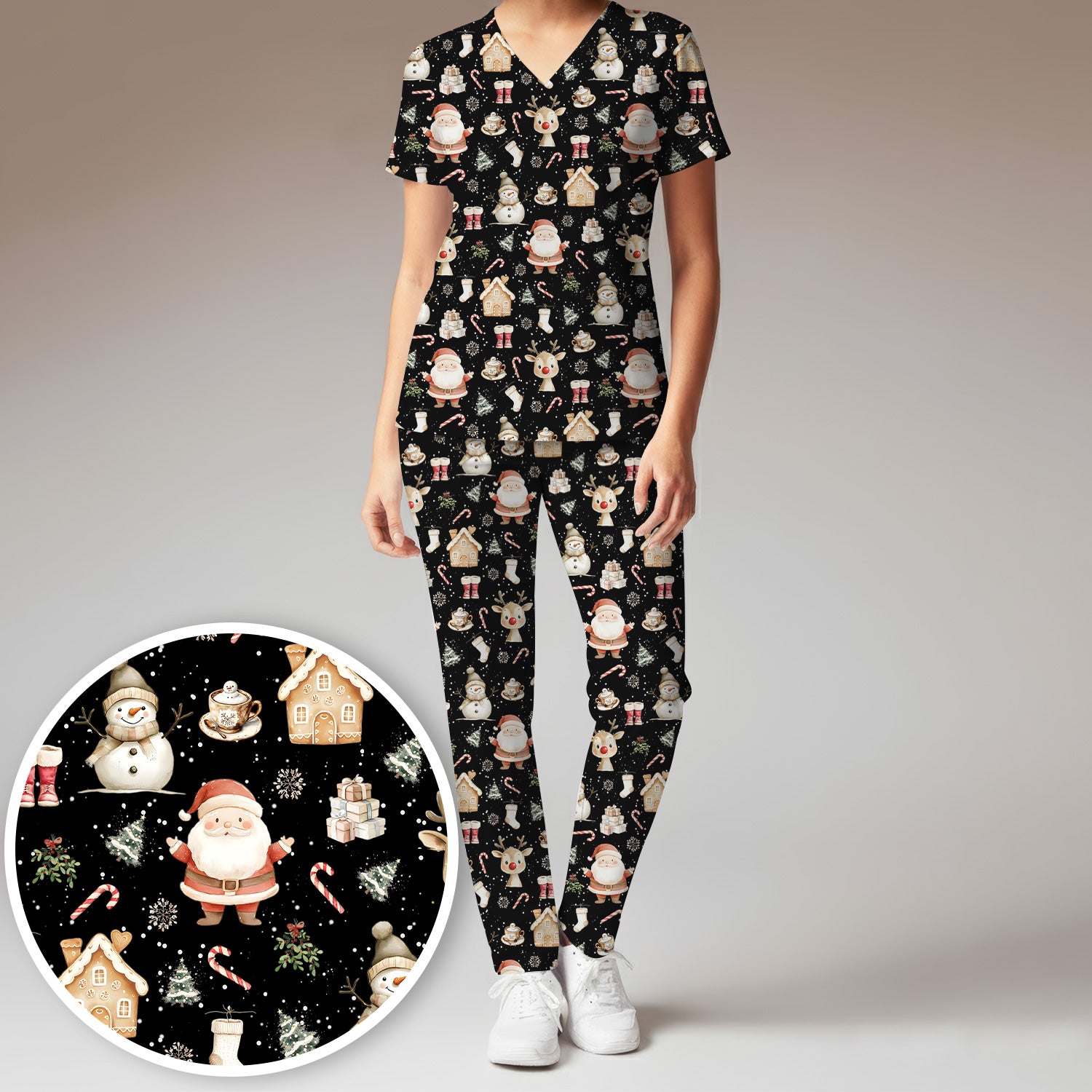Christmas Santa Pattern  Scrub Top – Cute Medical Uniform for Nurses - Breathable Fabrics Nursing Uniform