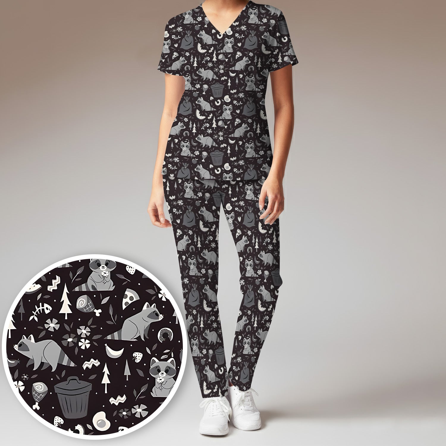 Cute Raccoon Forest Food Pattern Scrub Set, Scrub Pants and V Neck Top