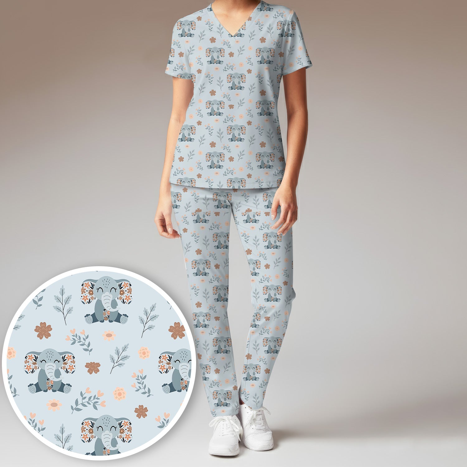 Cute Elephant Floral Print Scrub Set, Scrub Pants and V Neck Top