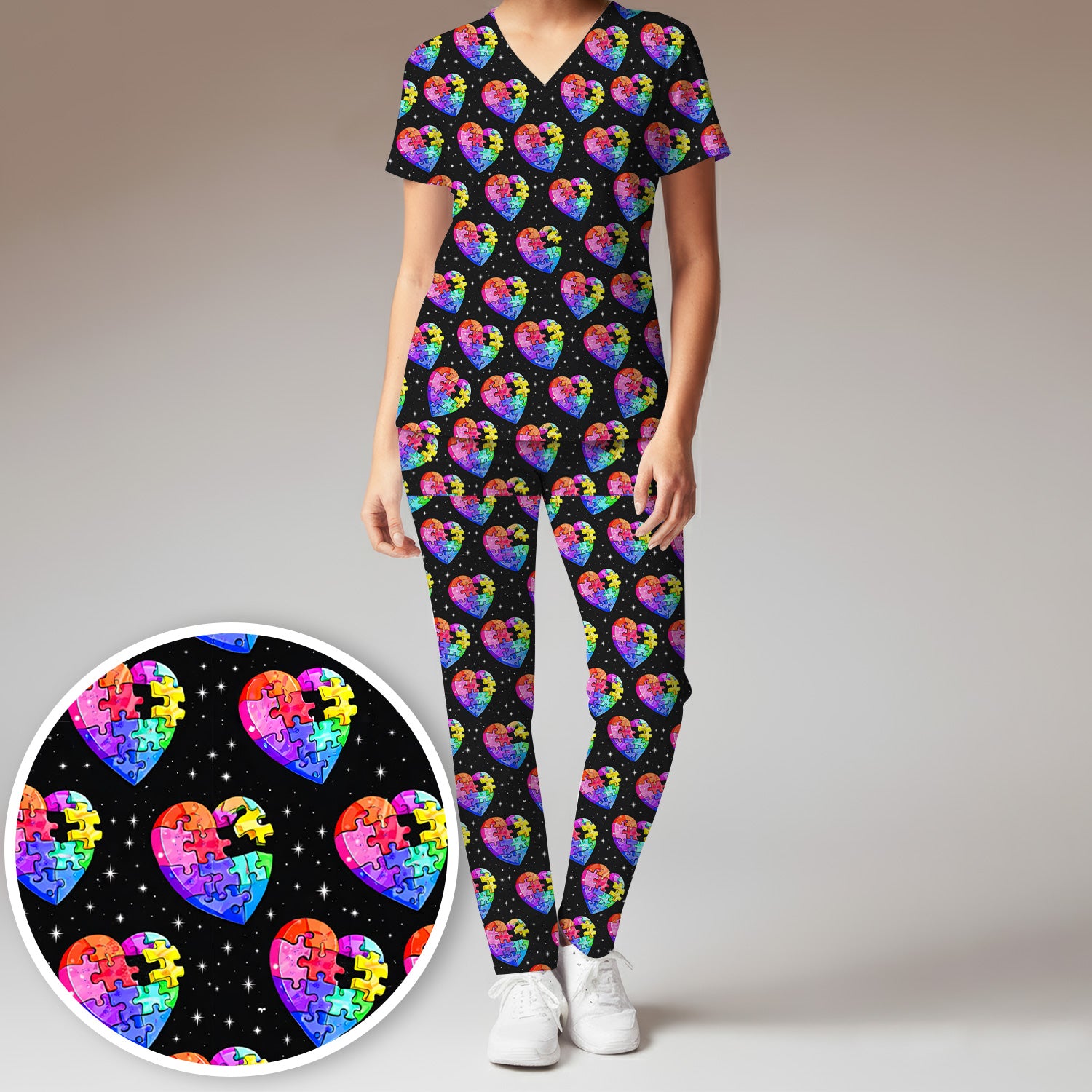 Rainbow Autism Puzzle Heart Starry Sky Print Scrub Set, Scrub Pants and V Neck Top