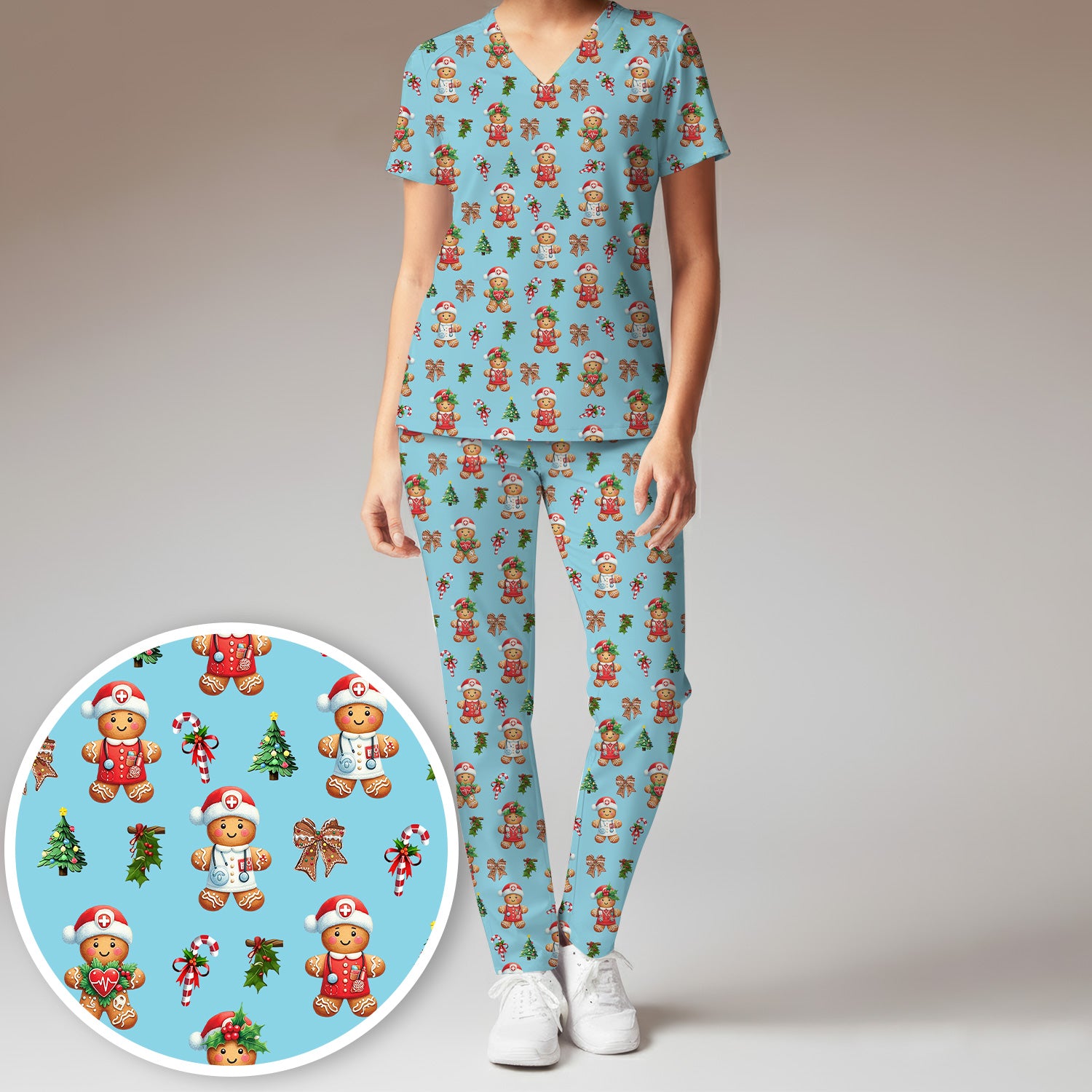 Funny Gingerbread Christmas Scrub Set - Cute Cookie with Bow Scrubs Pants and V Neck Top - Festive Holiday Gift for Women