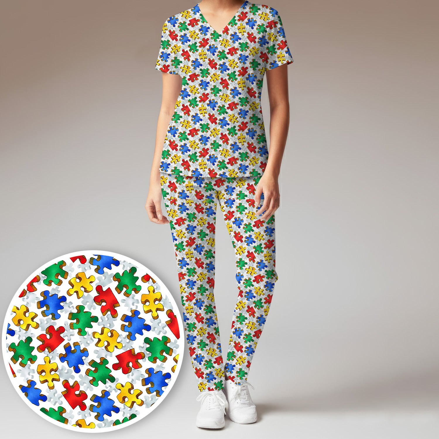 Colorful Autism Puzzle Piece Print Scrub Set, Scrub Pants and V Neck Top