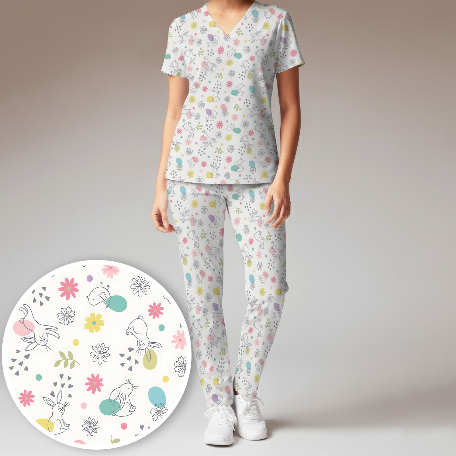 Whimsical Easter Bunny Eggs Pattern Scrub Set, Scrub Pants and V Neck Top