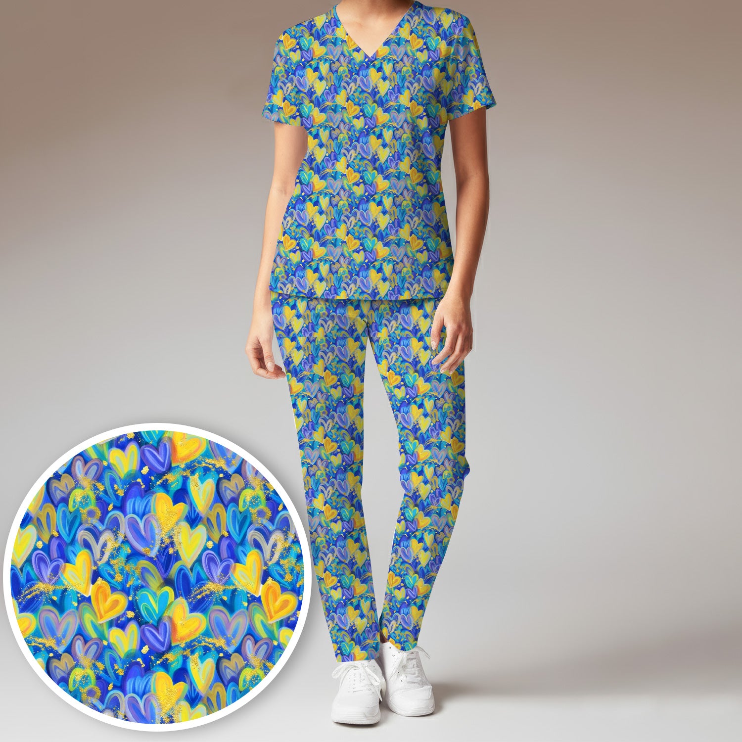 Blue and Yellow Layered Heart Pattern Print Scrub Set, Scrub Pants and V Neck Top