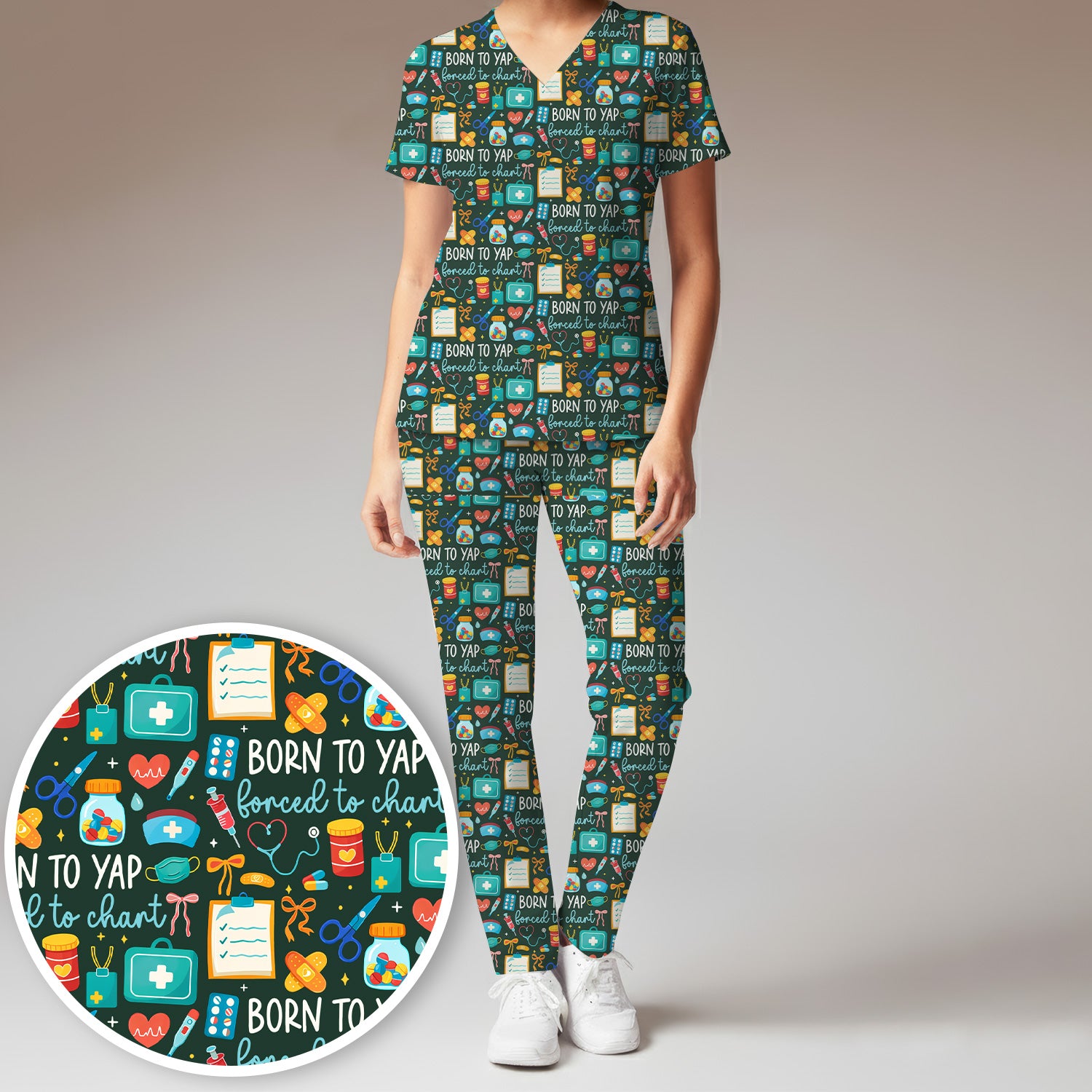 Born To Yap Medical Tools Pattern Scrub Set, Scrub Pants and V Neck Top