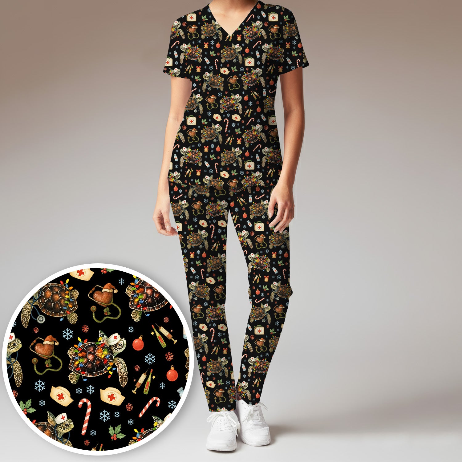 Funny Christmas Scrub Set - Sea Turtle with Xmas Lights Scrubs Pants and V Neck Top - Holiday Nurse Med Uniform for Women