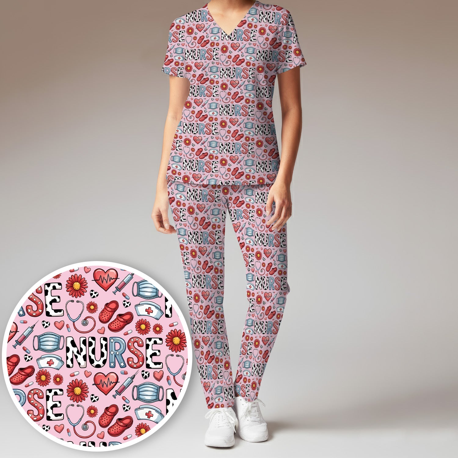 Cute Nurse Medical Icon Pattern Scrub Set, Scrub Pants and V Neck Top
