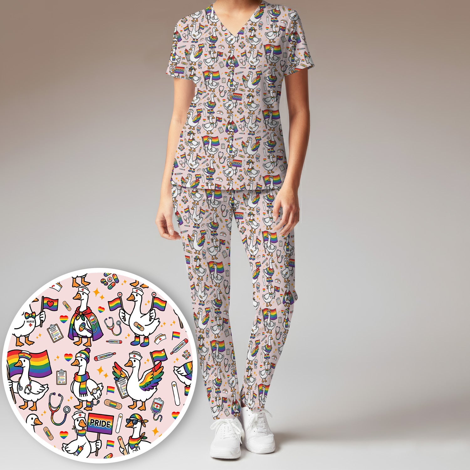 LGBT Pride Nurse Duck Pattern Scrub Set, Breathable Med Uniform