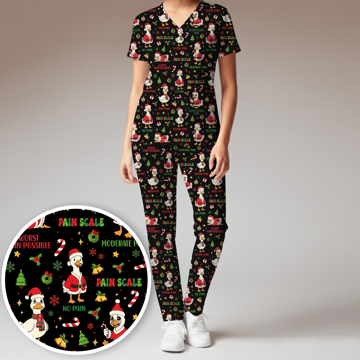 Funny Goose Christmas Scrub Set - Pain Scale Scrubs Pants and V Neck Top - Cute Holiday Medical Uniform for Women