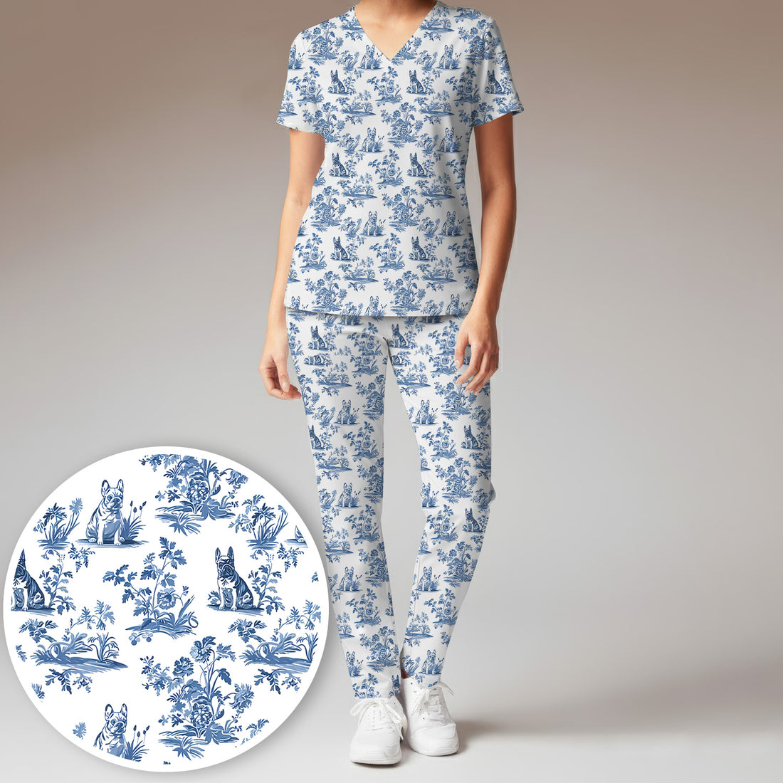 German Shepherd Toile De Jouy Scrub Set, Vintage Dog Pattern Nurse Scrub Uniform, Cute Vet Tech Uniform