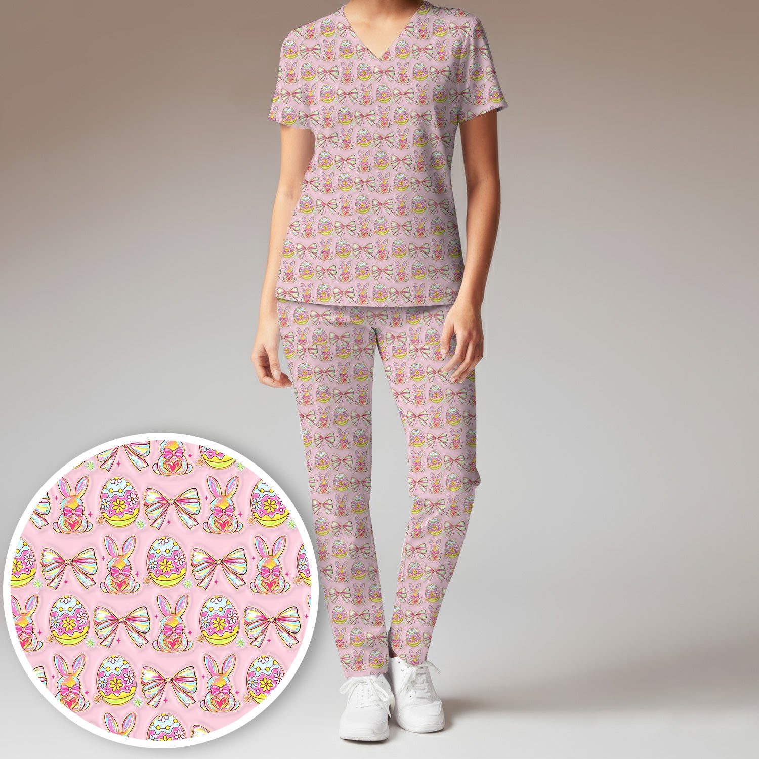 Easter Bunny Pastel Egg Bow Pattern Scrub Set, Breathable Med Uniform