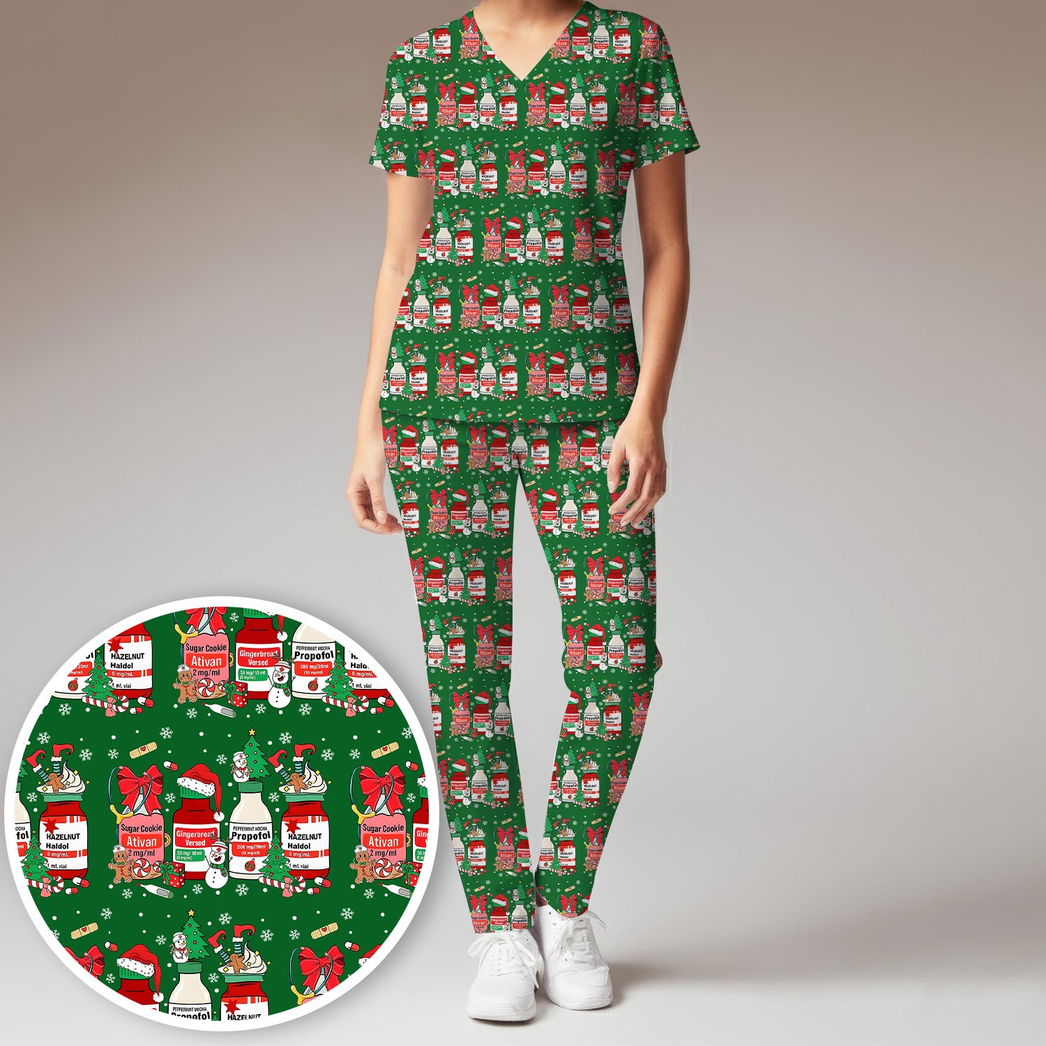 Funny Christmas Medication Scrub Set – Festive Holiday Pharma Bottles Pattern – Playful Medical Uniform for Nurses, Pharmacists & Healthcare Workers