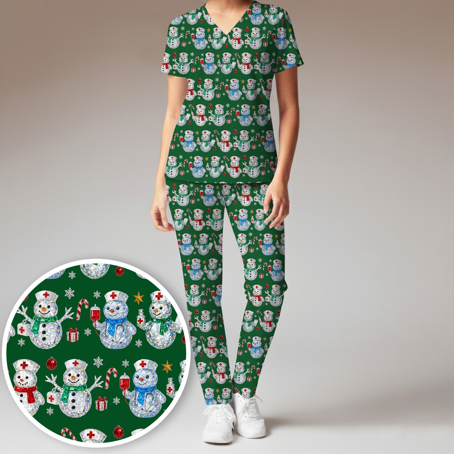 Nurse Snowman Christmas Scrub Set, Cute Holiday Medical Pattern Shirt For Women, Winter Snowflake Nursing Uniform