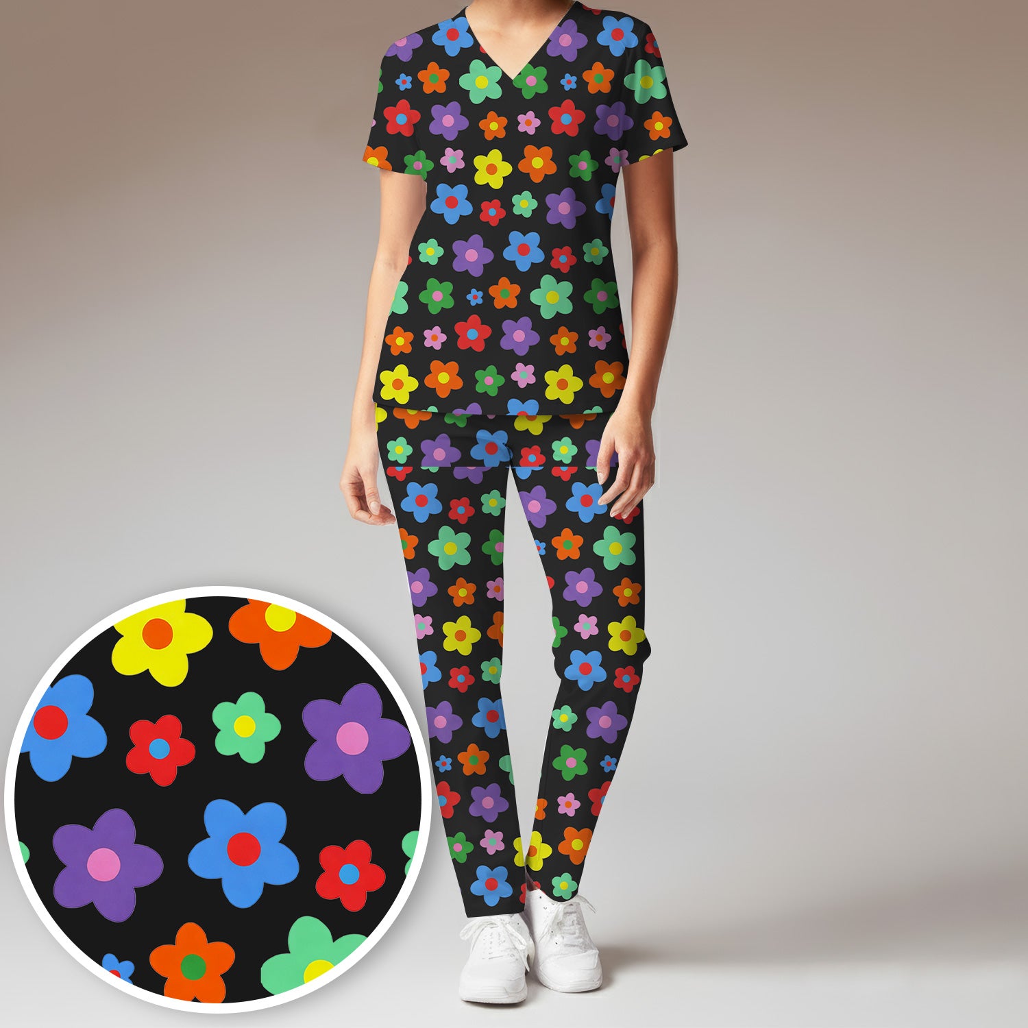 Colorful Retro Flower Pattern Print Scrub Set, Scrub Pants and V Neck Top