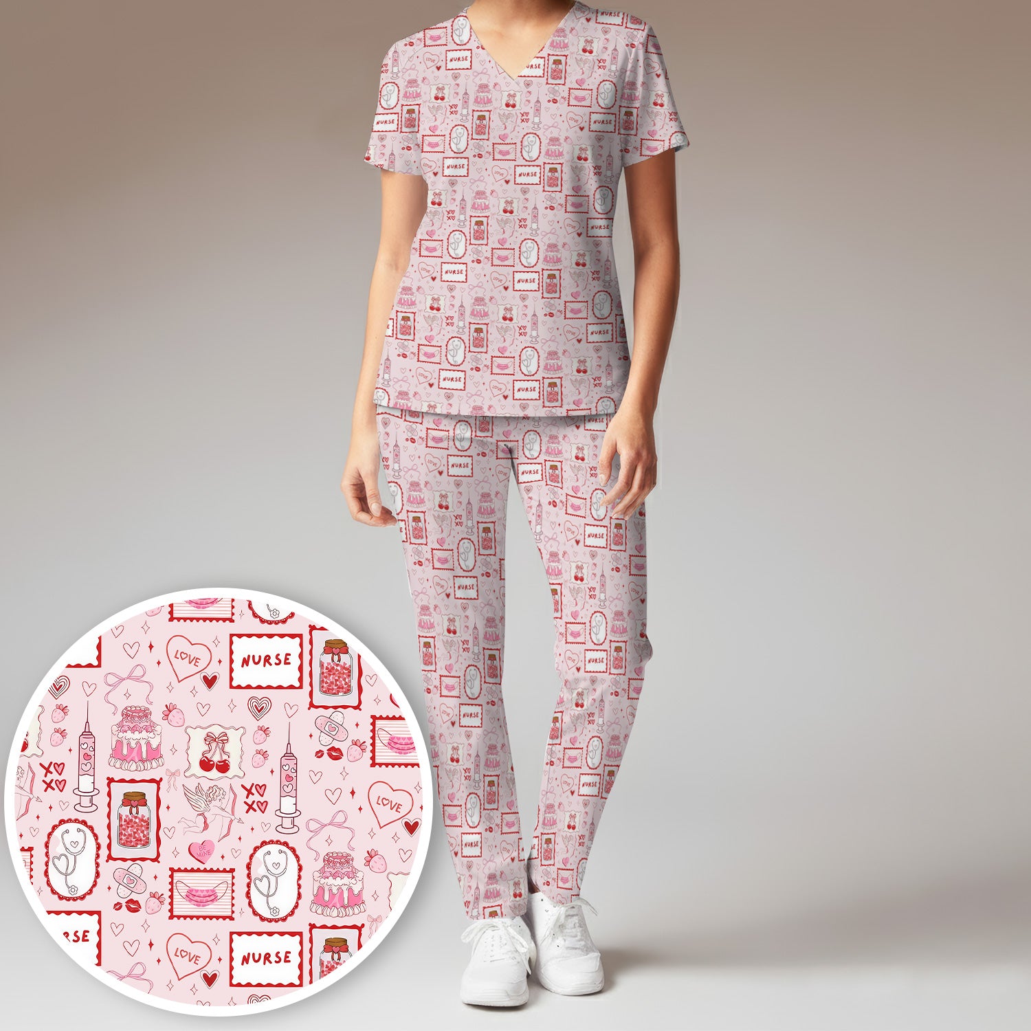 Nurse Icons Hearts Syringes Valentine Scrub Set, Scrub Pants and V Neck Top