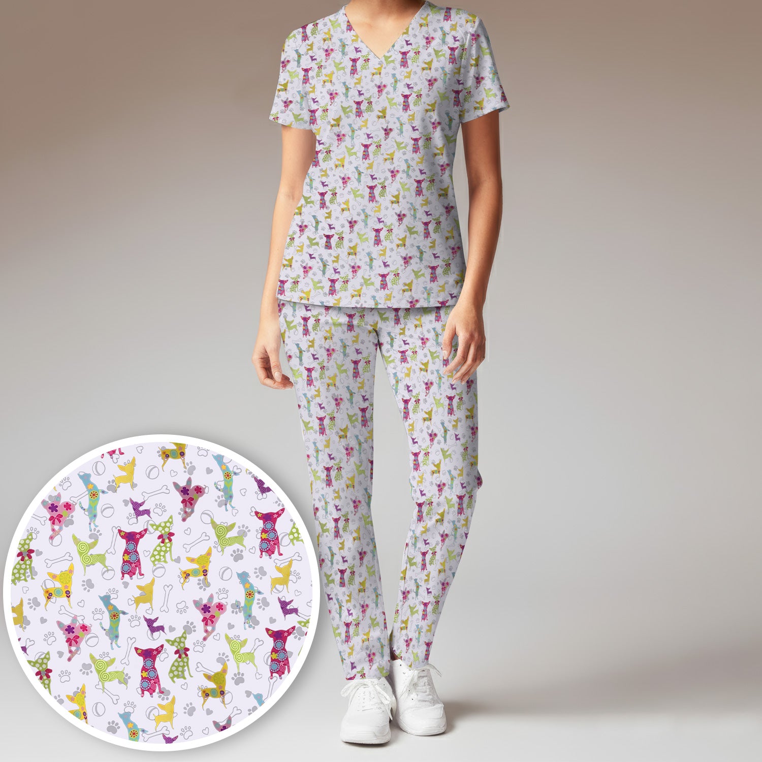 Colorful Playful Dog Print Nurse Scrub Set, Scrub Pants and V Neck Top