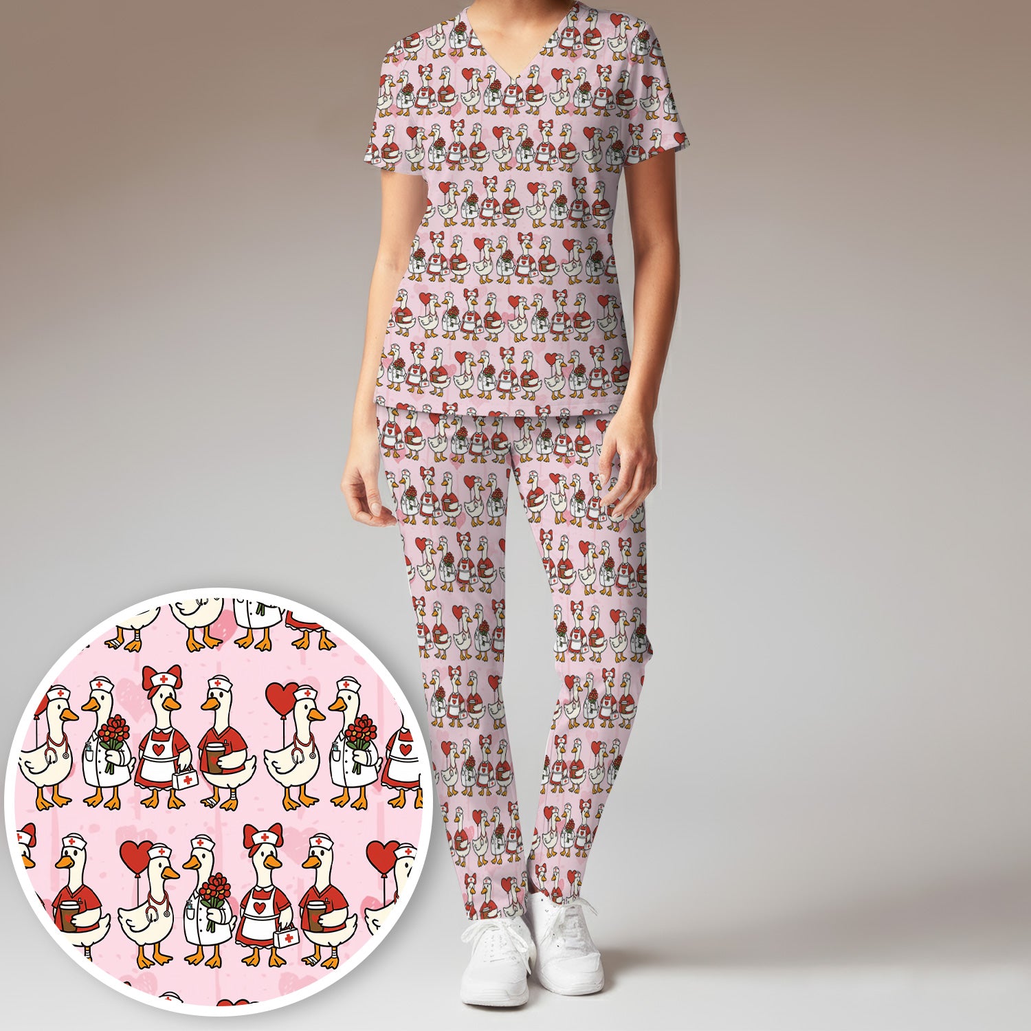 Valentine Nurse Goose with Heart Pattern Scrub Set, Scrub Pants and V Neck Top