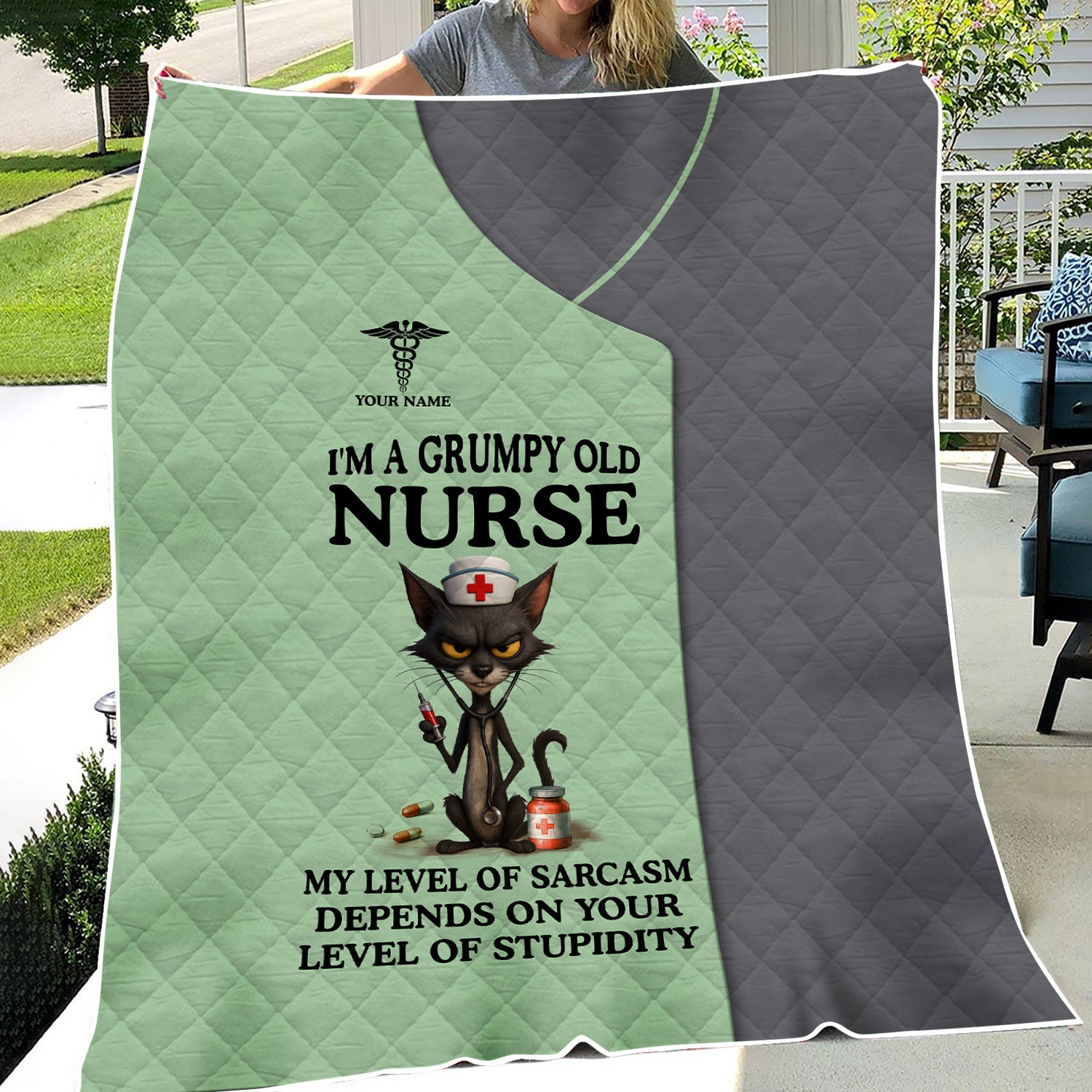 Custom Name Grumpy Old Nurse Blanket - Angry Cat Sarcastic Humor for RN LPN CNA Medical Staff Gift  - Multiple Color Options Available Keepsake