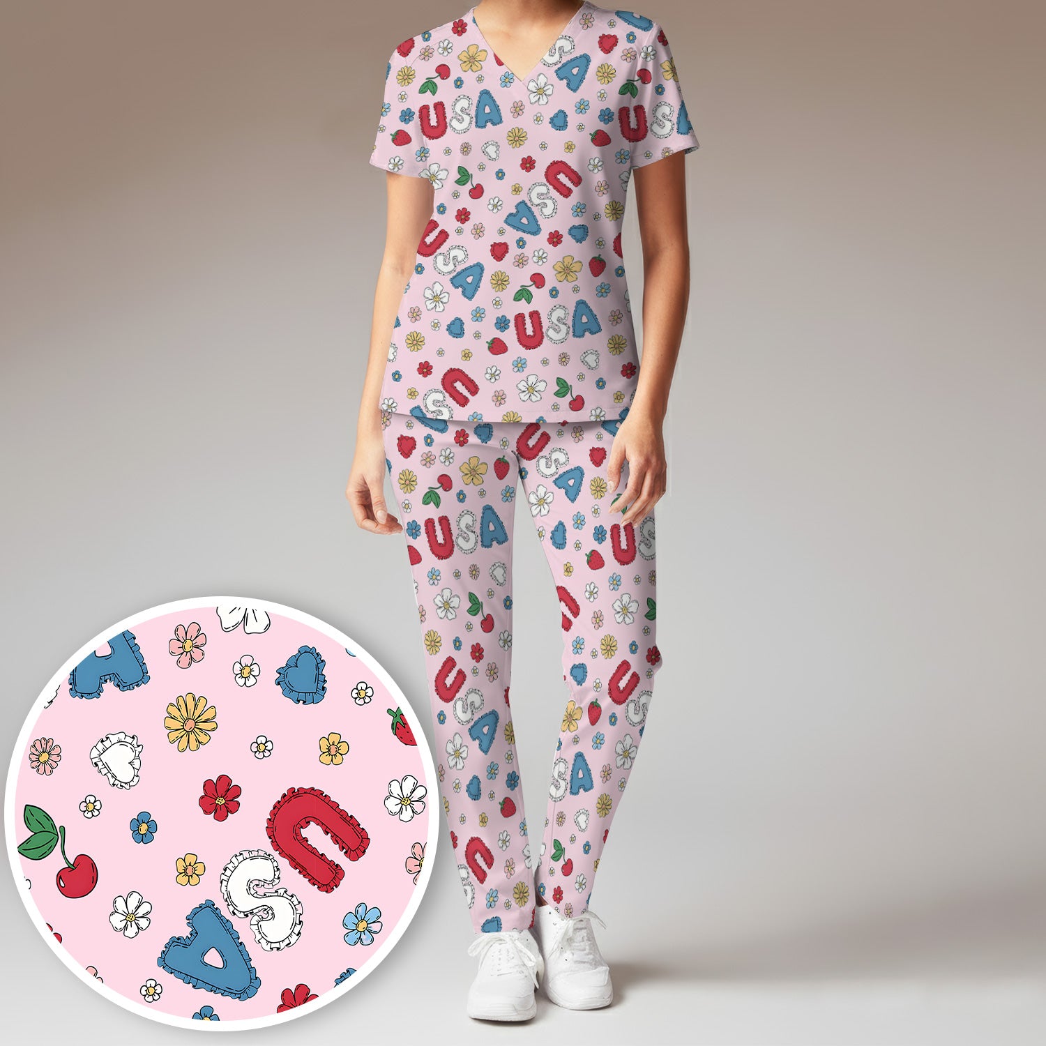 USA Cherry Strawberry Floral Patch Pattern Scrub Set, Scrub Pants and V Neck Top