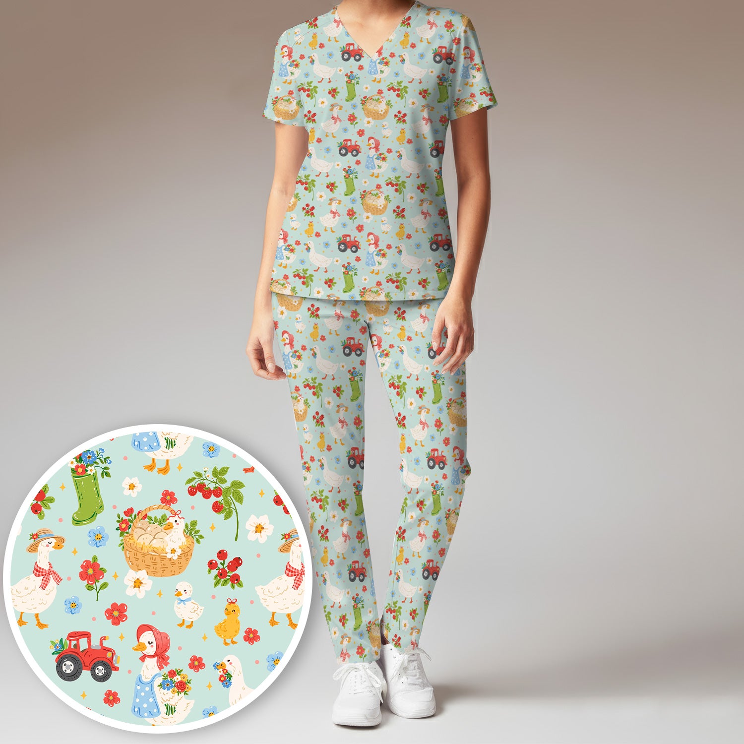 Farm Duck Chicken Tractor Flower Basket Scrub Top, Breathable Fabrics Nursing Uniform