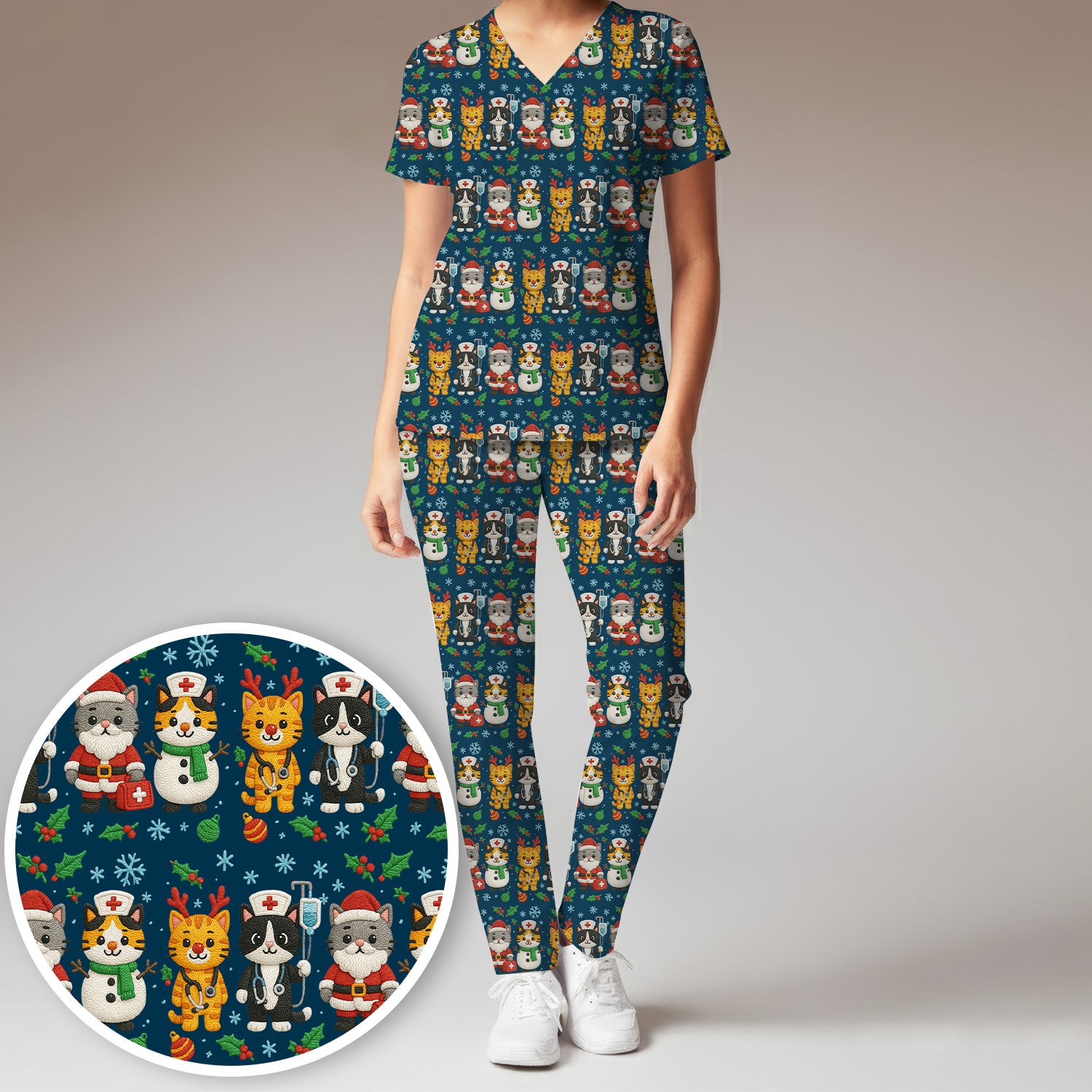 Christmas Cat Nurse Pattern Scrub Set, Cute Holiday Kitty Medical Uniform Shirt For Nursing