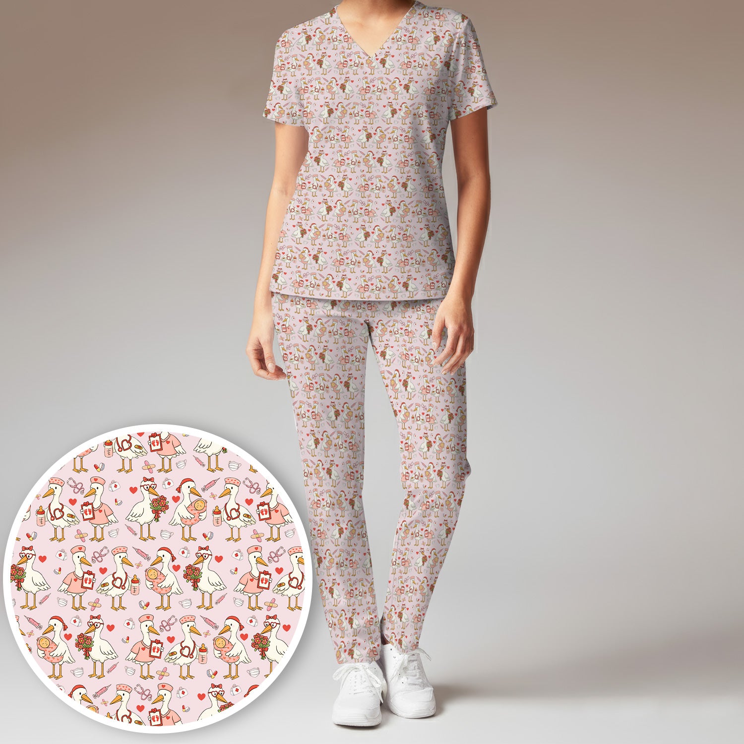 Cute Goose Nurse Valentine Print Scrub Set, Breathable Med Uniform