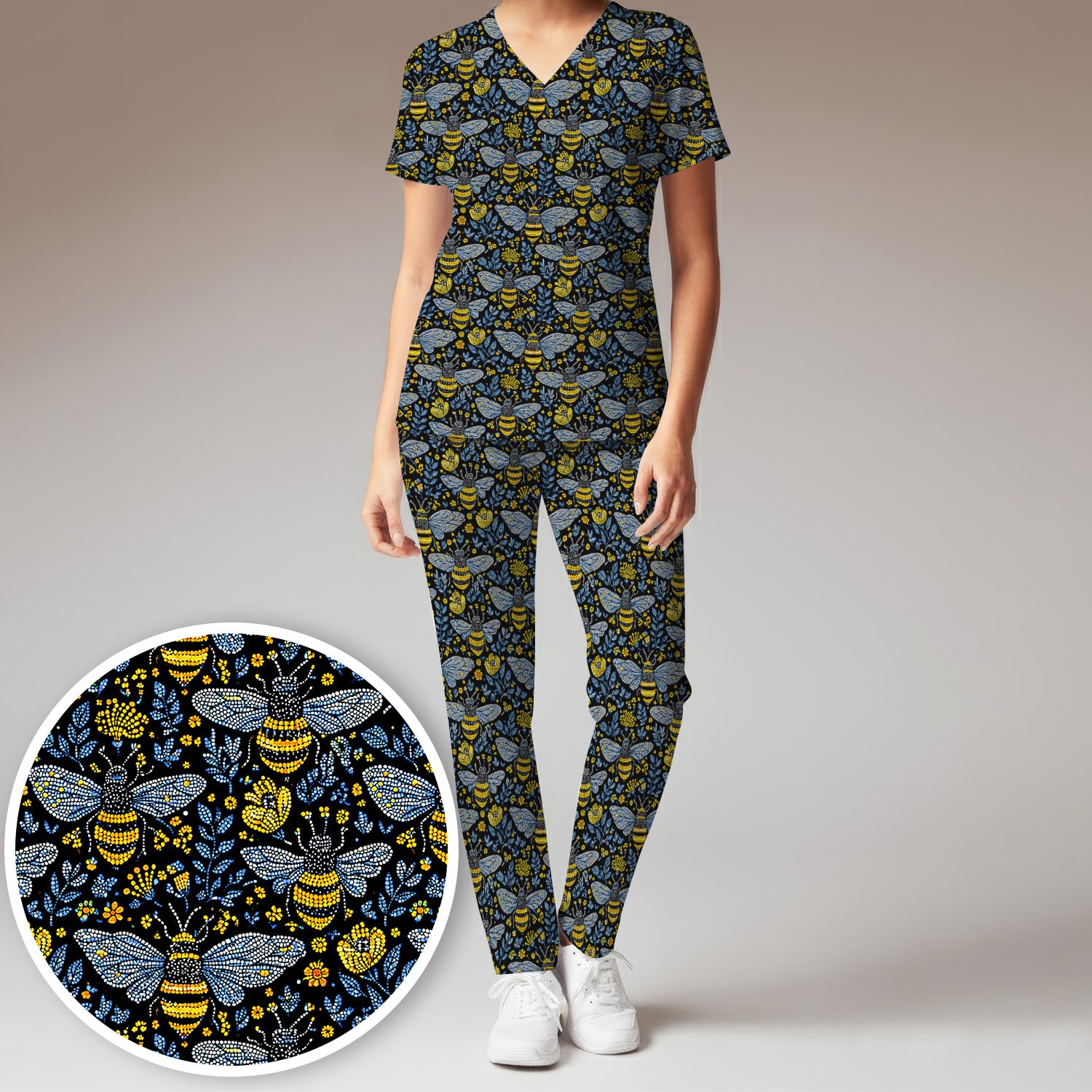 Honey Bee And Wildflower Garden Pattern Scrub Set, Scrub Pants and V Neck Top