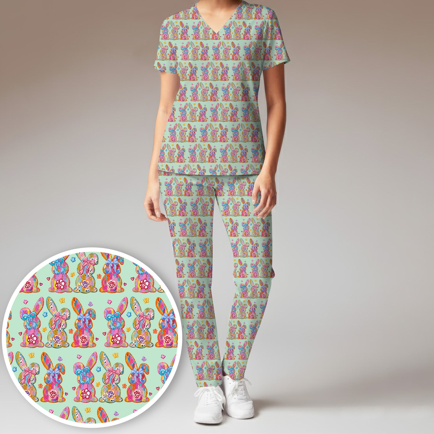 Cute Pastel Bunny Floral Pattern Scrub Set, Breathable Med Uniform