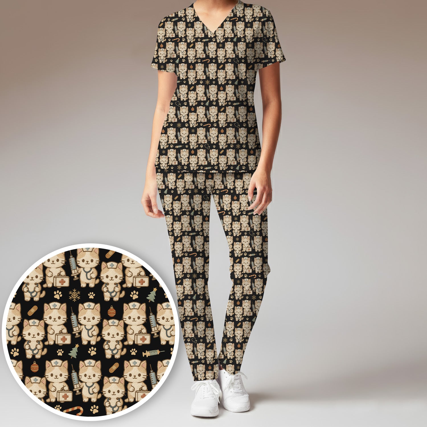 Cute Cat Nurse Christmas Scrub Set, Kawaii Kitty Medical Pattern Shirt, Breathable Fabrics Nursing Uniform