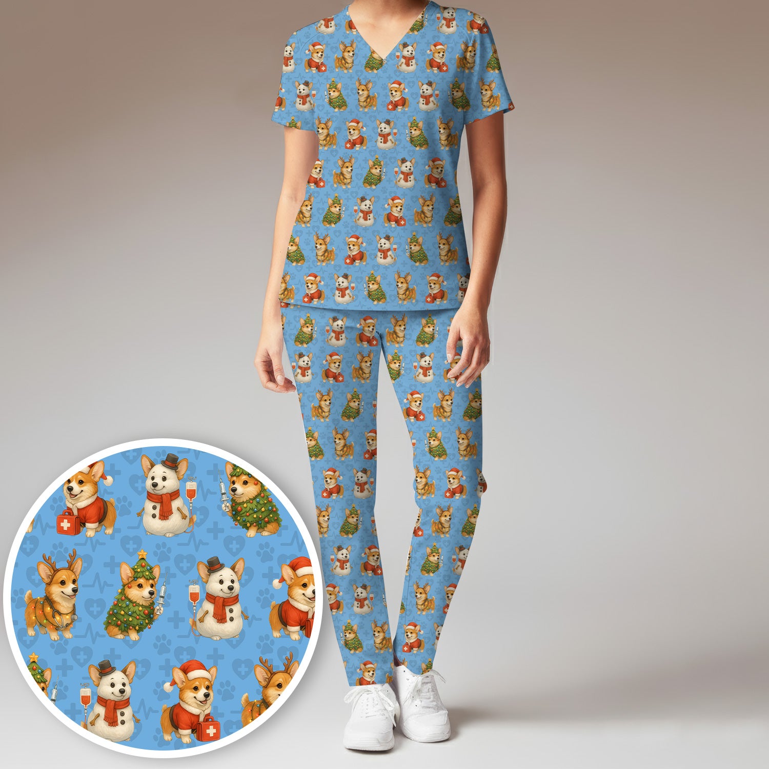 Corgi Christmas Scrubs Set - Adorable Festive Scrub Top & Pants - Fun Holiday Corgi Scrubs Perfect for Nurse Gift Season