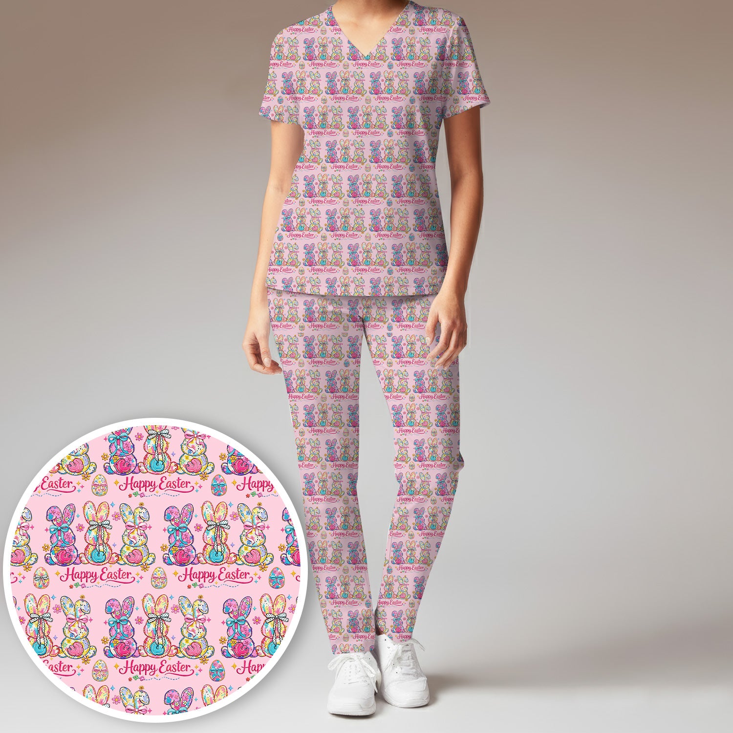 Pink Happy Easter Bunny Pattern Scrub Set, Scrub Pants and V Neck Top