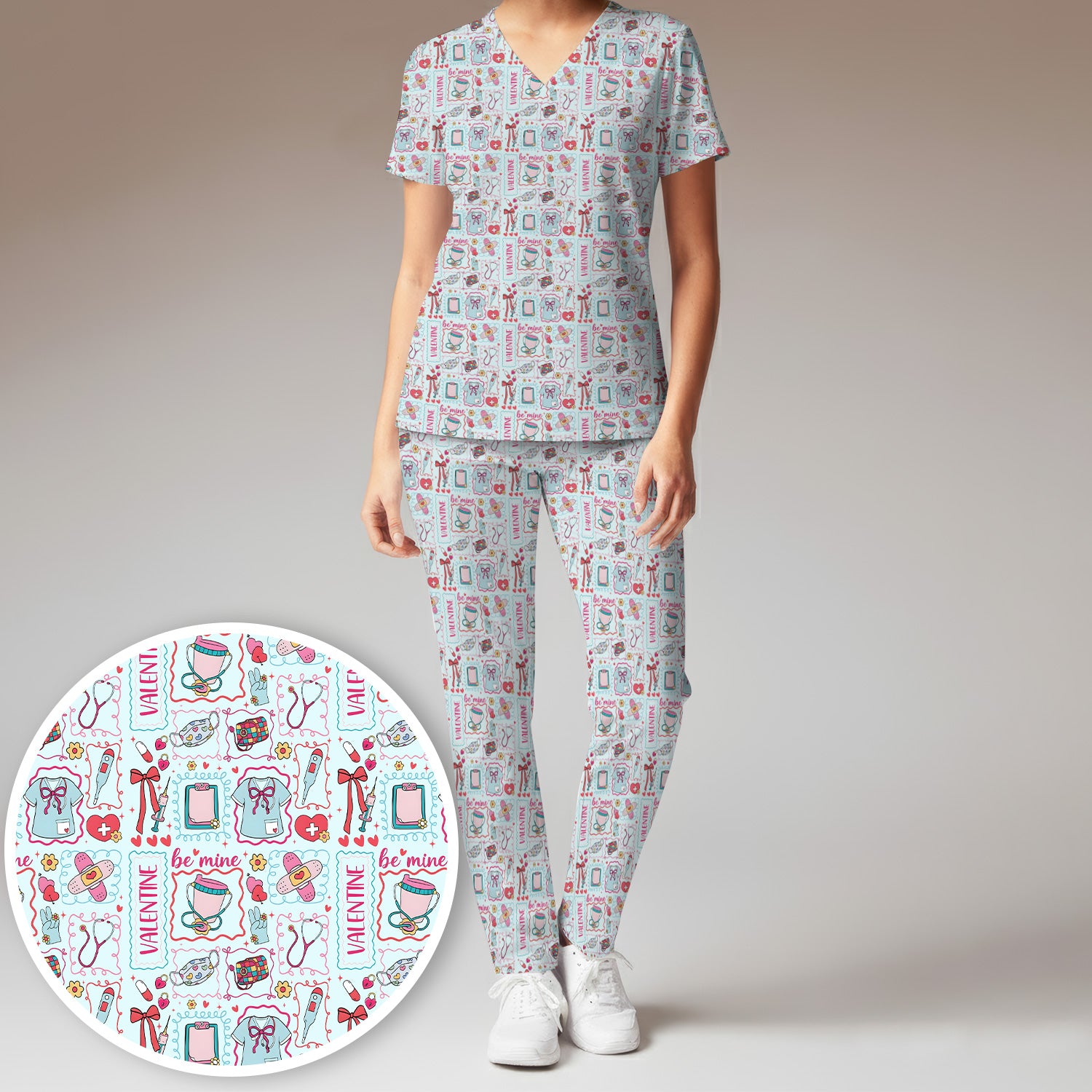 Valentine Medical Hearts Bandages Syringes Scrub Set, Breathable Med Uniform