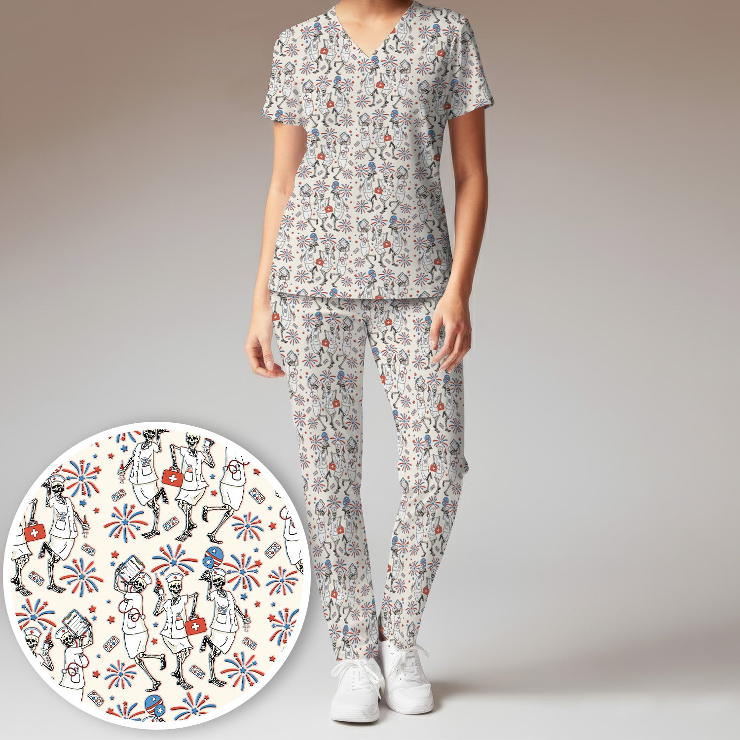 Funny Skeleton Nurse Patriotic Print Scrub Set, Scrub Pants and V Neck Top