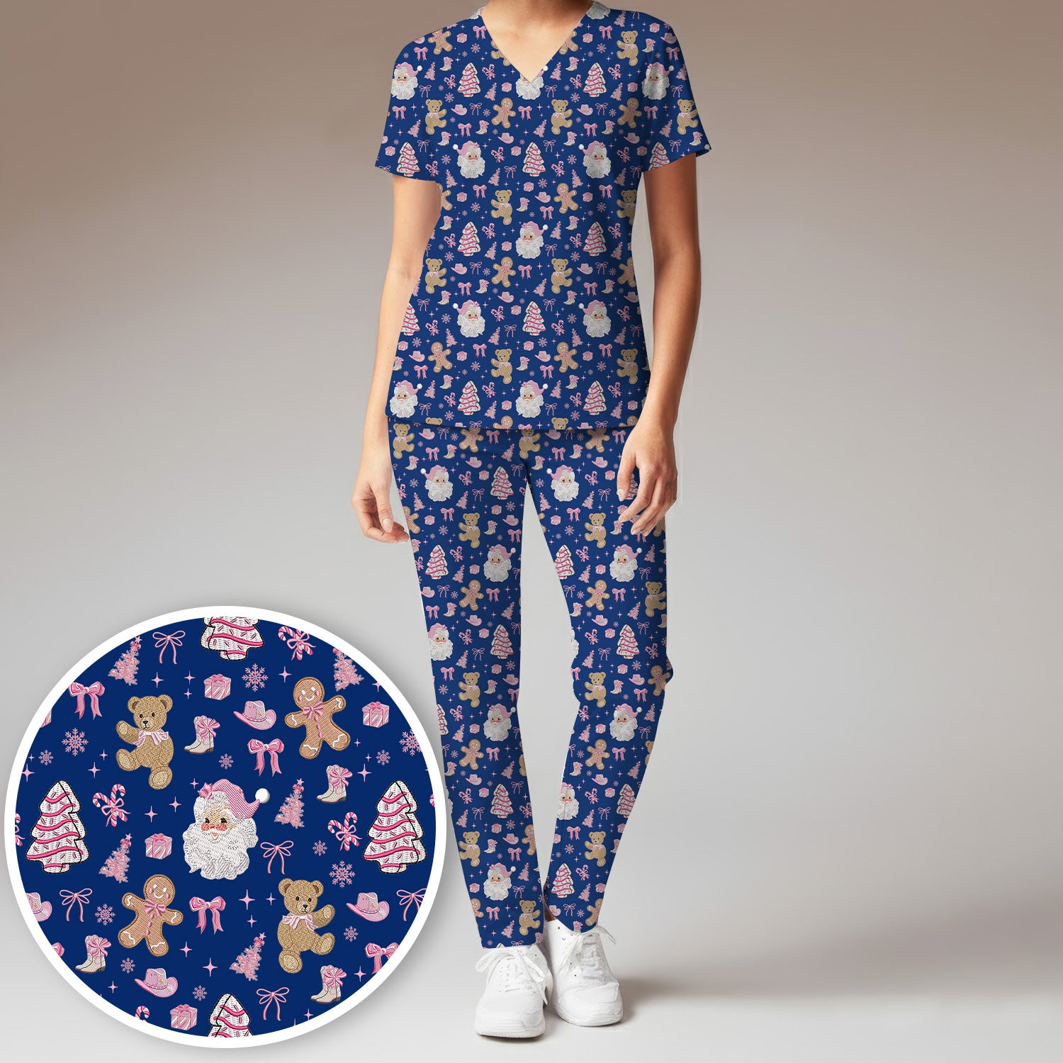 Pink Christmas Santa Gingerbread Scrub Set, Cute Holiday Medical Pattern Shirt, Breathable Fabrics Nursing Uniform