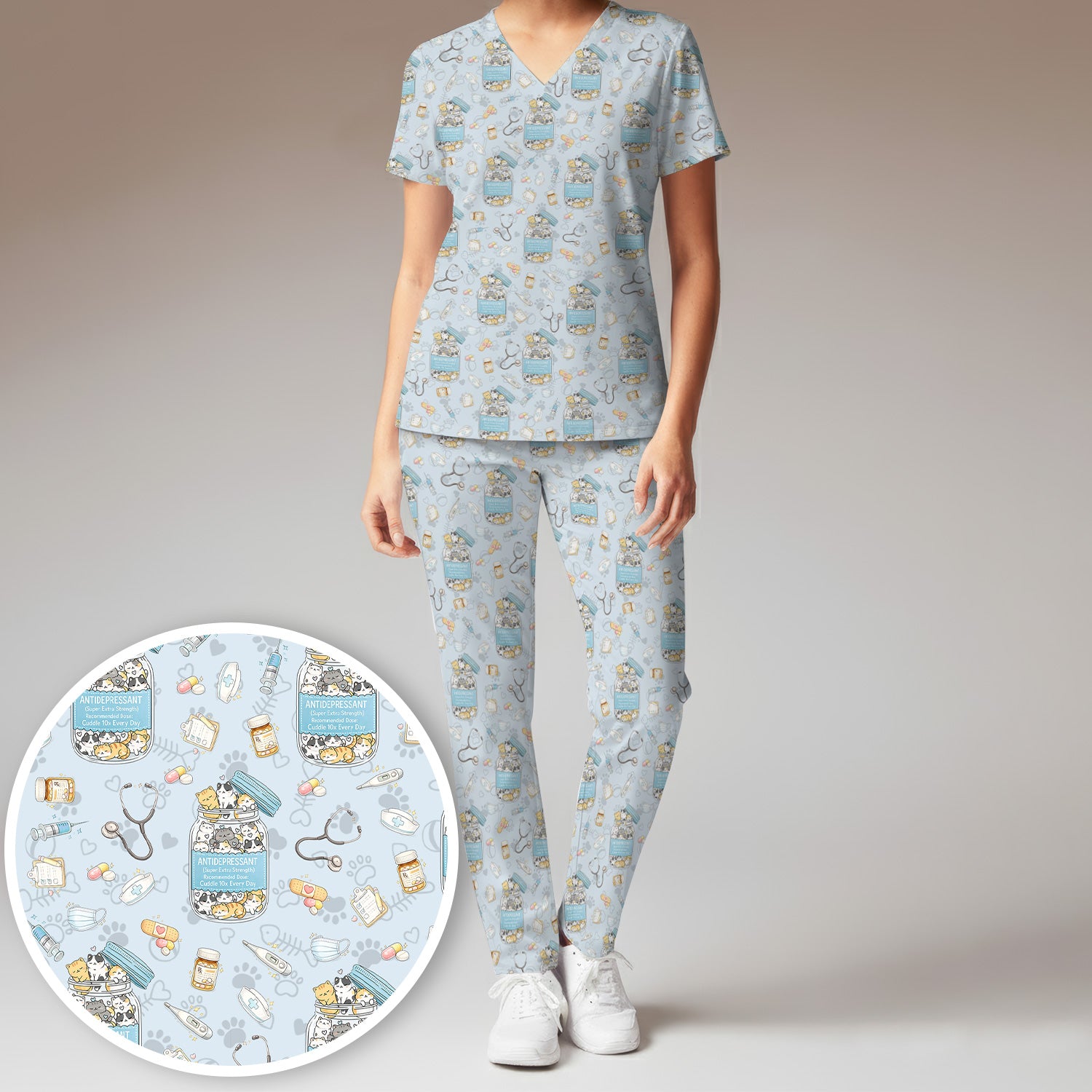 Cute Antidepressant Cat Jar Print Women's Scrub Set, Breathable Med Uniform