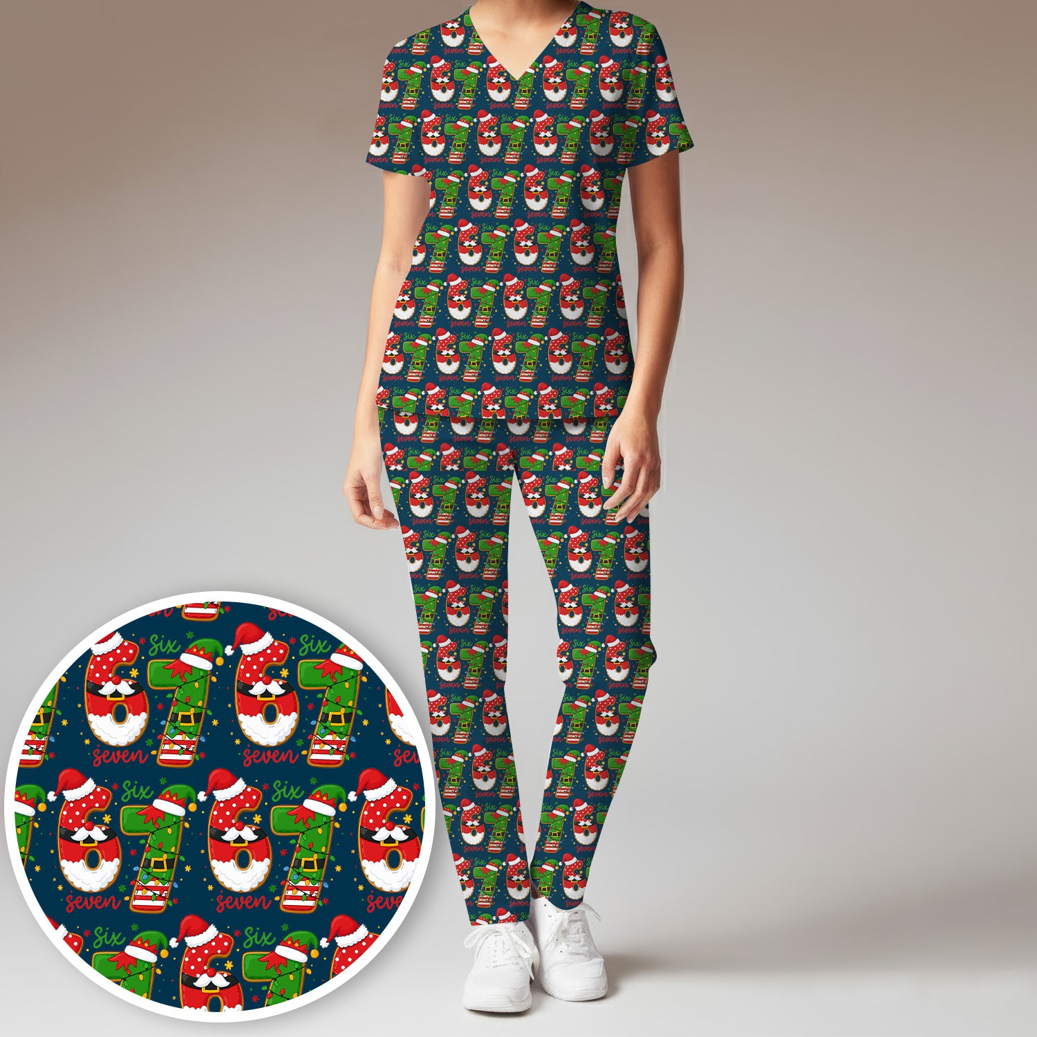Christmas 67 Pattern Scrub Top, Festive Holiday Medical Uniform Shirt For Nursing