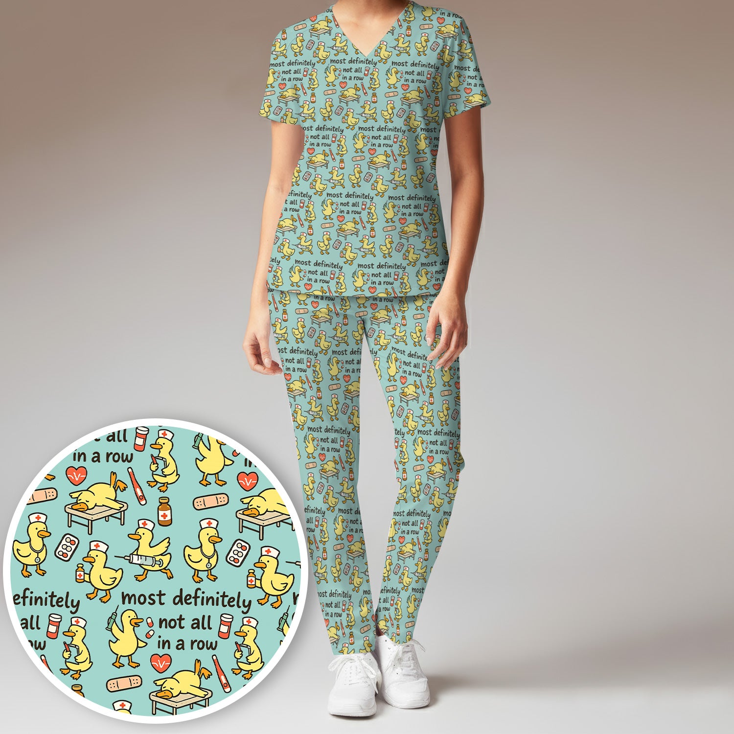 Funny Nurse Duck Medical Humor Pattern Scrub Set, Scrub Pants and V Neck Top