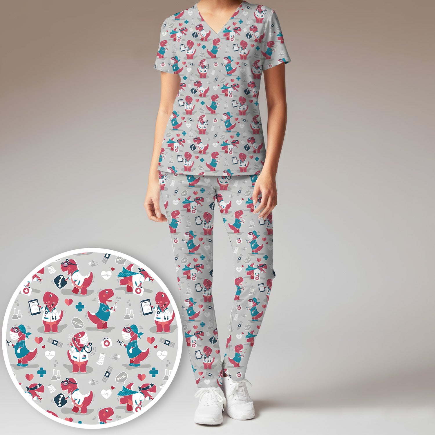 Cute Dinosaur Doctor Medical Pattern Scrub Top, Breathable Fabrics Nursing Uniform
