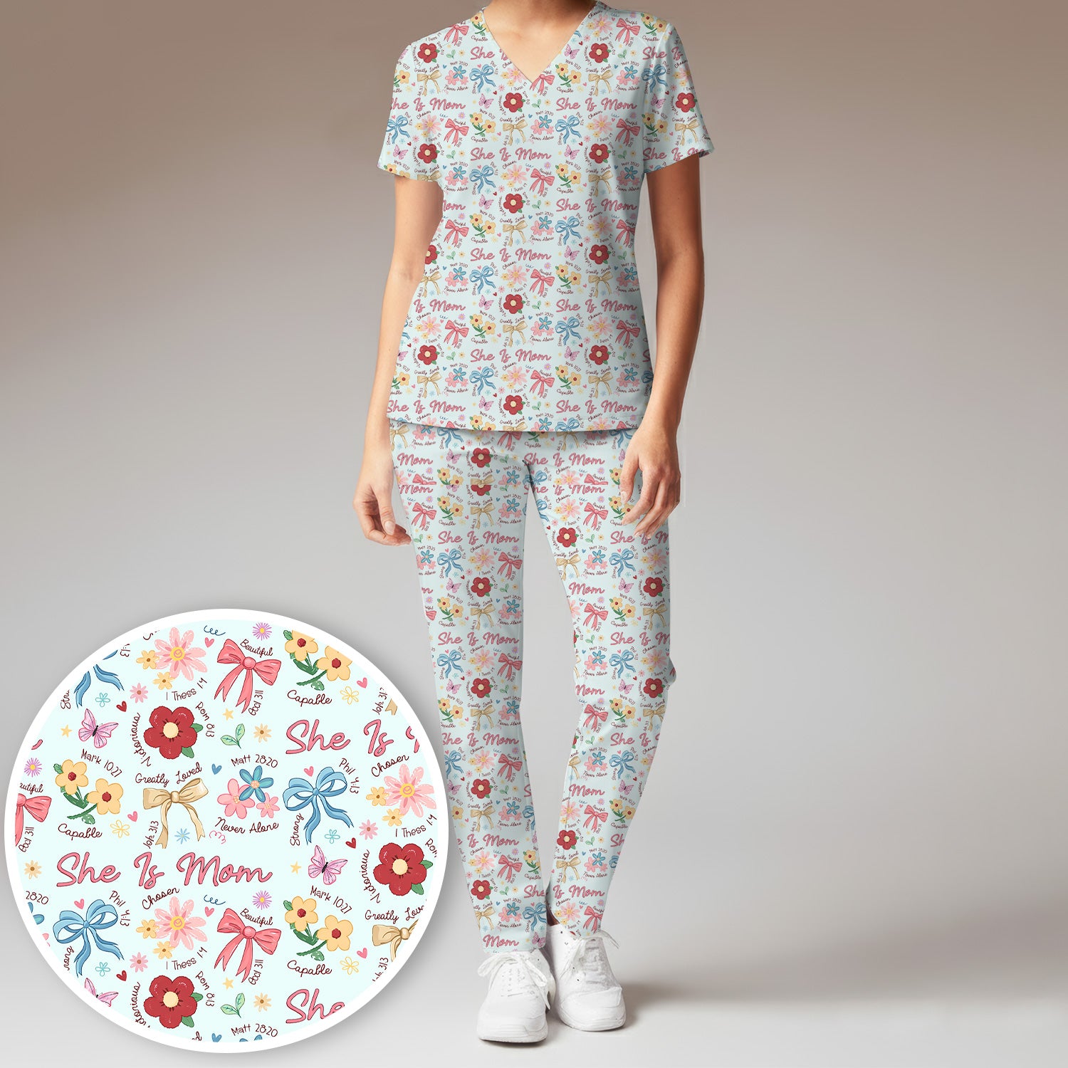 She Is Mom Flower Bow Pattern Scrub Set, Scrub Pants and V Neck Top