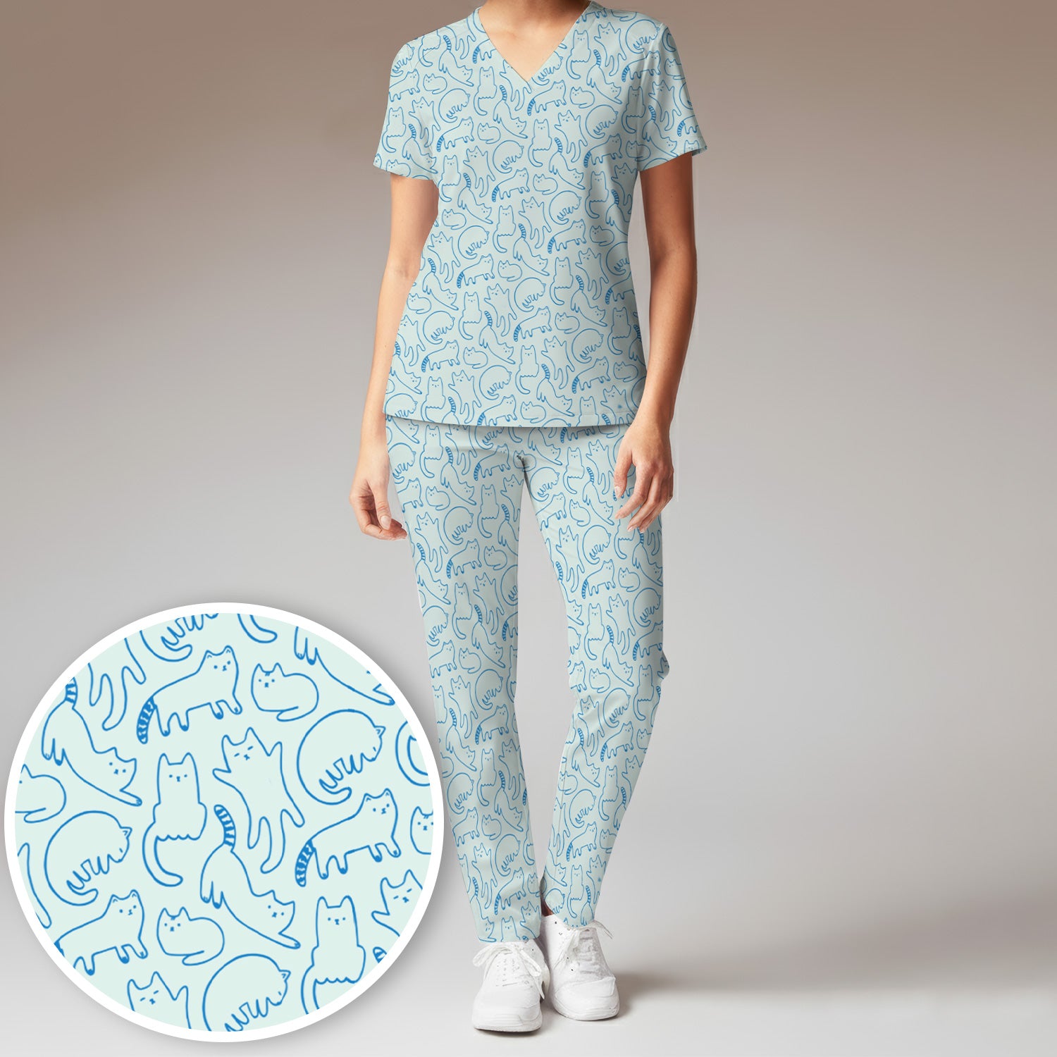 Artistic Cat Pattern Medical Scrub Set, Breathable Fabrics Nursing Uniform
