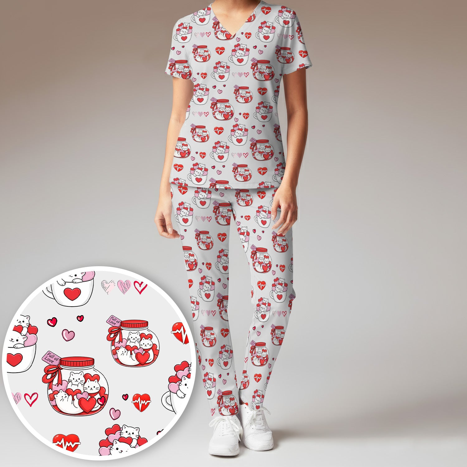 Cute Cat Valentine Nurse Scrub Set, Women's Scrub Sets Breathable Uniform