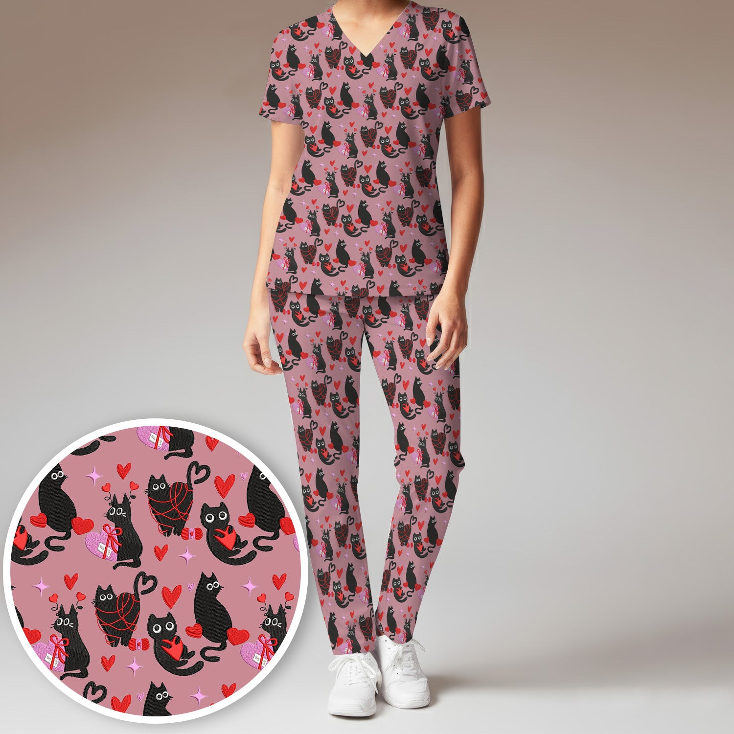 Valentine’s Day Scrub Set, Cute Black Cat With Heart Pattern Nurse Shirt, Breathable Fabrics Nursing Uniform
