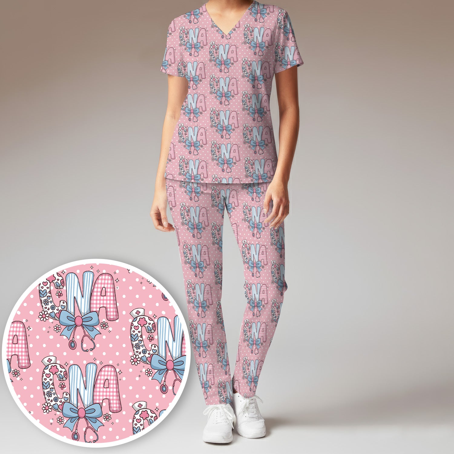 Cute CNA Floral Bow Pattern Scrub Set, Scrub Pants and V Neck Top, Breathable Med Uniform