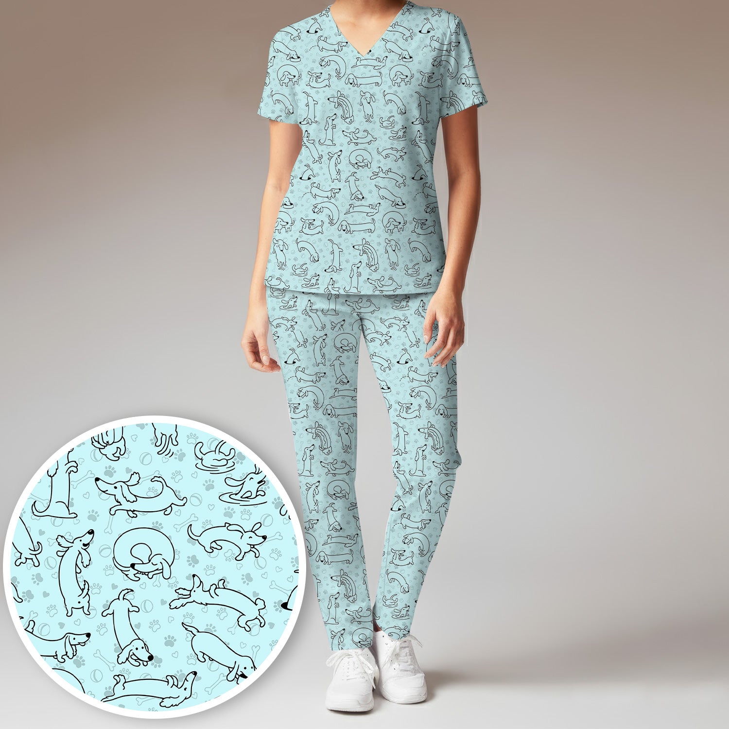Playful Dachshund Dog Line Art Print Scrub Set, Scrub Pants and V Neck Top