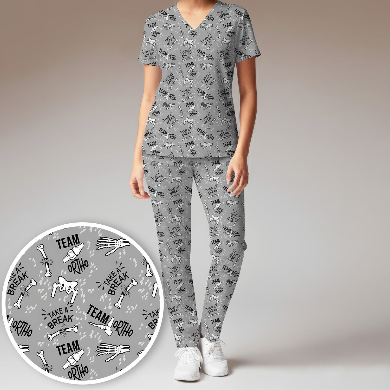Team Ortho Bone Joint Print Scrub Set, Scrub Pants and V Neck Top