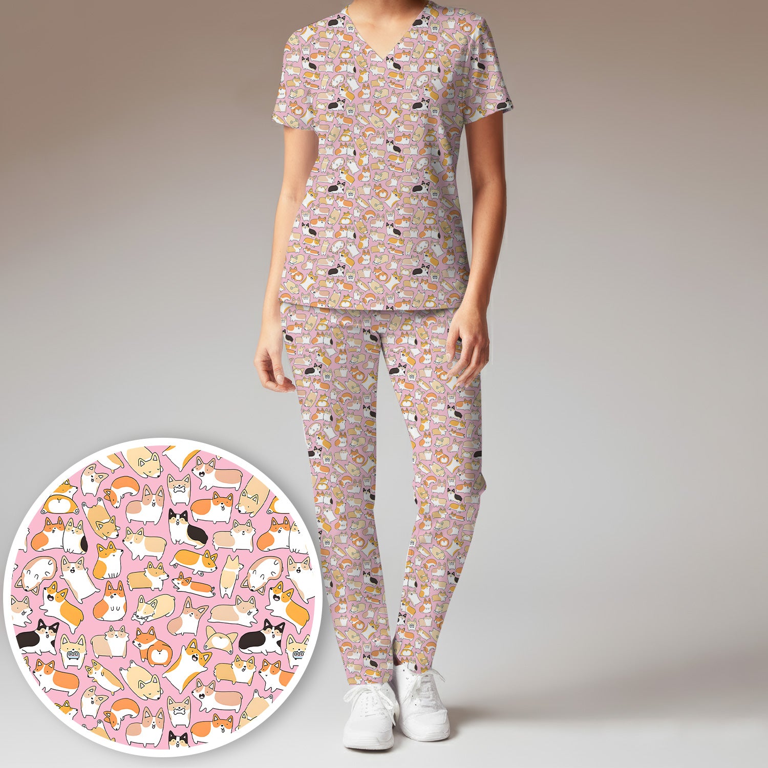 Cute Corgi Dog All Over Print Scrub Set, Scrub Pants and V Neck Top