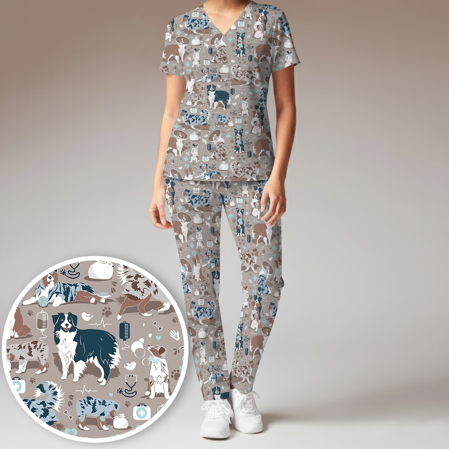 Cute Dog Pattern Women's Veterinary Scrub Set, Scrub Pants and V Neck Top
